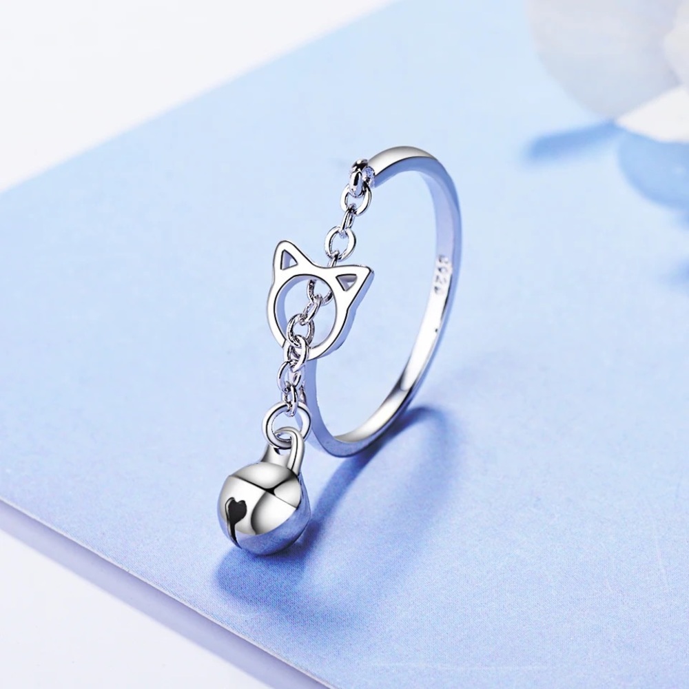 New Sterling Silver 925 cat & bell adjustable ring